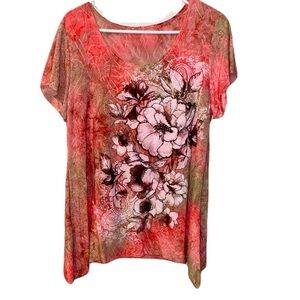 Floral Print Women's Tunic Top - Red and Green
